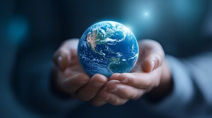 Fototapeta premium Hands Holding a Glowing Earth Sphere in a Dark Environment Representing Global Responsibility and Environmental Awareness