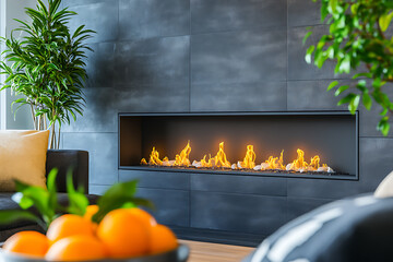 Obraz premium Modern Fireplace Design: Cozy Living Room Decor Ideas. This image showcases a contemporary interior with a sleek, built-in fireplace as a focal point. Perfect for home design inspiration.