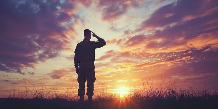 A silhouette of a soldier saluting against a backdrop of the American flag during a sunset.