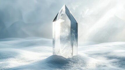 Clear quartz crystal on white background with space for text