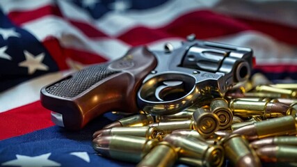 A detailed examination of a revolver and spent cartridges on an American flag background. This visual representation evokes discussions about gun culture and its implications in society.