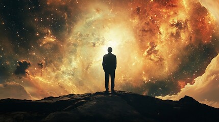 Fototapeta premium A Solitary Figure Stands on a Mountaintop Against a Cosmic Background
