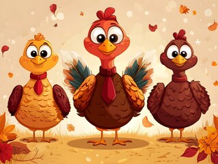Obraz premium Cute turkey cartoon characters on a tie, colorful and festive Thanksgiving design