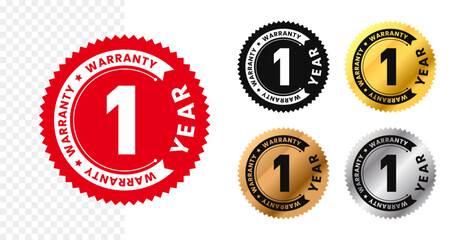 1 year warranty in circle. One year warranty with circular text. Red, black, gold, silver, bronze premium color. For sticker, label, badge, icon, sign, emblem, stamp, logo, tag, seal, symbol. Vector
