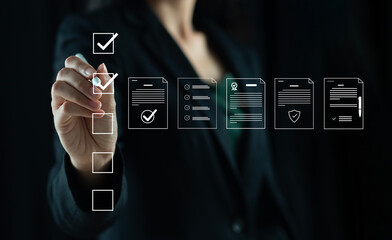 Businessman marking items in digital checklist. Quality assurance and document control with icons,...