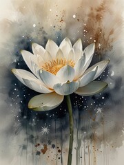 Watercolor White Lotus Floating Among Stars with Ethereal Light Effects