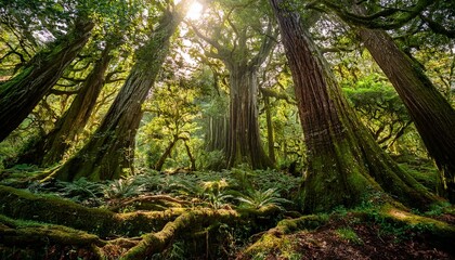 Obraz premium A forest scene, towering trees with dappled sunlight streaming through, creating a tranquil ambiance.