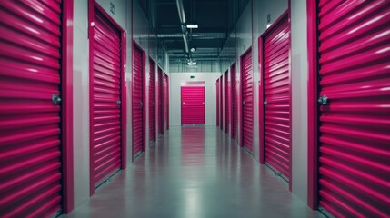 Fototapeta premium A long hallway of vibrant pink storage units creates a striking visual. The clean lines and uniform design emphasize the modern aesthetic.