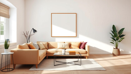 Modern Living Room with Cozy Sofa and Empty Blank Canvas Frame in The Wall, Art Design Inspiration Concept. 