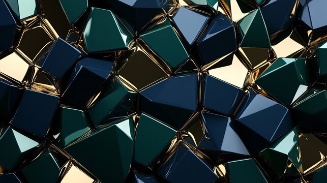 intricate 3d polygons in deep sapphire and emerald hues interlock with gleaming golden accents, creating a luxurious trompe l'oeil effect for modern interiors