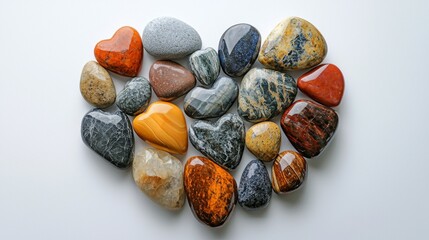 Obraz premium Polished stones in heart shape on white background symbolizing love