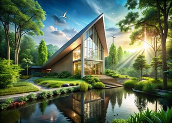 Obraz premium Conceptual Photography of a Modern Church Structure with Abstract Elements and Surrounding Nature, Symbolizing Spirituality and Community Gathering in a Serene Environment
