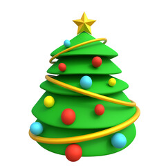 Christmas tree with colorful baubles and garland. Isolated on white, cartoon toy design holiday cheer, seasonal decor, toy cartoon design element Xmas tree. Stylized decorated Christmas tree 3D render