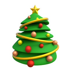 Christmas tree decorated with colorful baubles and garland. Isolated on white, cartoon-style holiday icon, festive seasonal design for advertisement