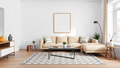 Fototapeta premium Modern Living Room with Cozy Sofa and Empty Blank Canvas Frame in The Wall, Art Design Inspiration Concept. 