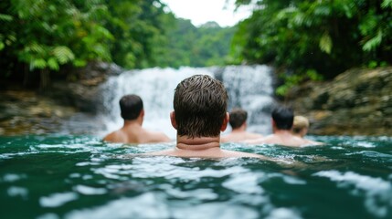 Fototapeta premium outdoor activities concept. Group of friends swimming in an island waterfall pool, joy and lush jungle scenery surrounding