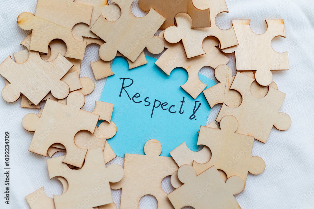 Aufkleber promoting business values respect through puzzle pieces in a creative workspace indoor setting inspi