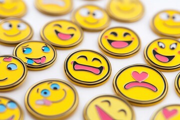  A collection of yellow smiley face pins with various expressions and emotions