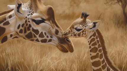 Obraz premium Tender Moment Between Giraffe Mother and Calf in a Serene Natural Landscape Captured in Beautiful Detail, Showcasing Love and Connection in the Animal Kingdom