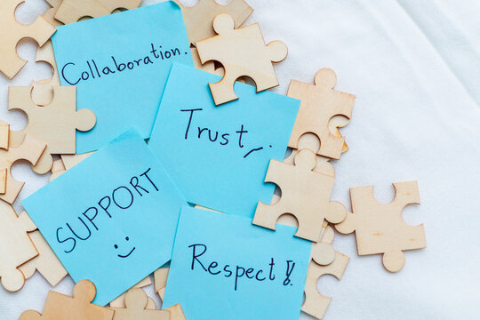 Business collaboration event building trust and respect in a team environment with supportive messages