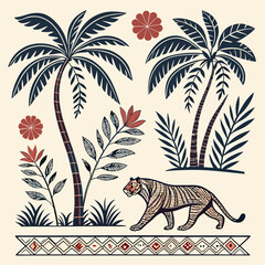  Vintage Jungle Illustration of Palm Trees, Tigers, and Tropical Flower