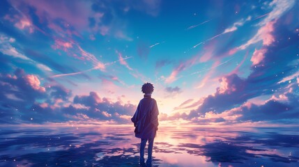 Obraz premium Serene Sunset Reflection with a Lone Figure under a Vibrant Sky - made with Generative AI