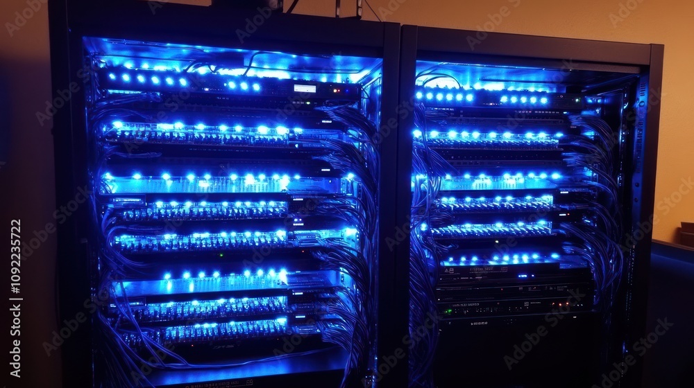 Poster illuminated server rack with extensive wiring and equipment