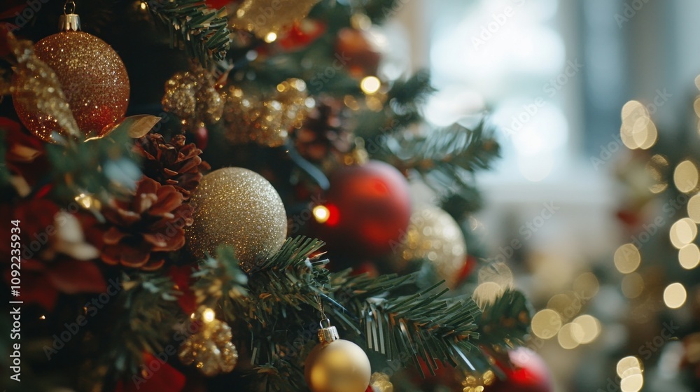 Poster a tree with gold and red ornaments on it