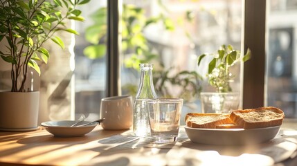 Sunlit Breakfast Table with Toast and Refreshing Water on a Cozy Morning, Showcasing Freshness and Simplicity in a Bright Atmosphere