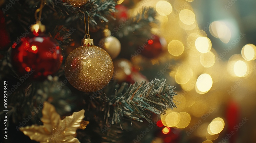 Poster a tree with gold and red ornaments on it