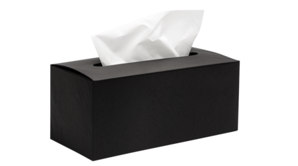 A black tissue box with white tissue paper isolated on transparent white background, clipping path