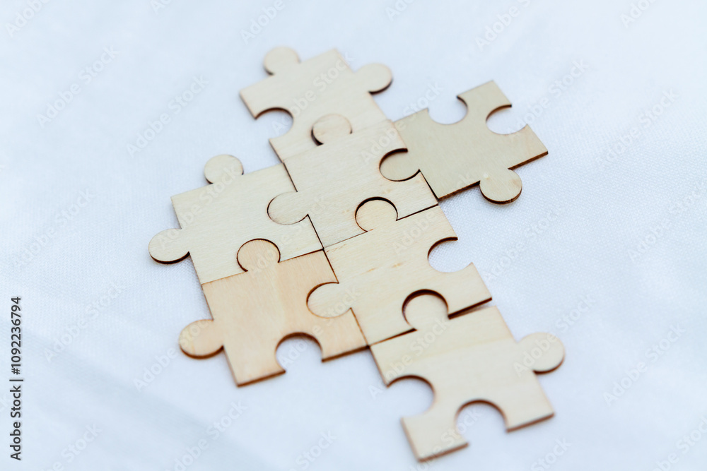 Poster strategic business planning office workspace puzzle pieces collaborative environment close-up proble