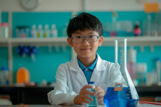 a school student wearing white lab coat and protective glasses in a classrom holding a conical flask