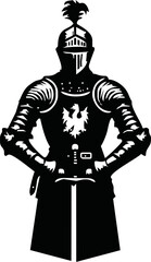 Obraz premium Black and white illustration of a medieval knight in full armor with a sword. Detailed armor and flowing cape create a dynamic, heroic look. Ideal for fantasy, historical, and chivalry themes. Vector 