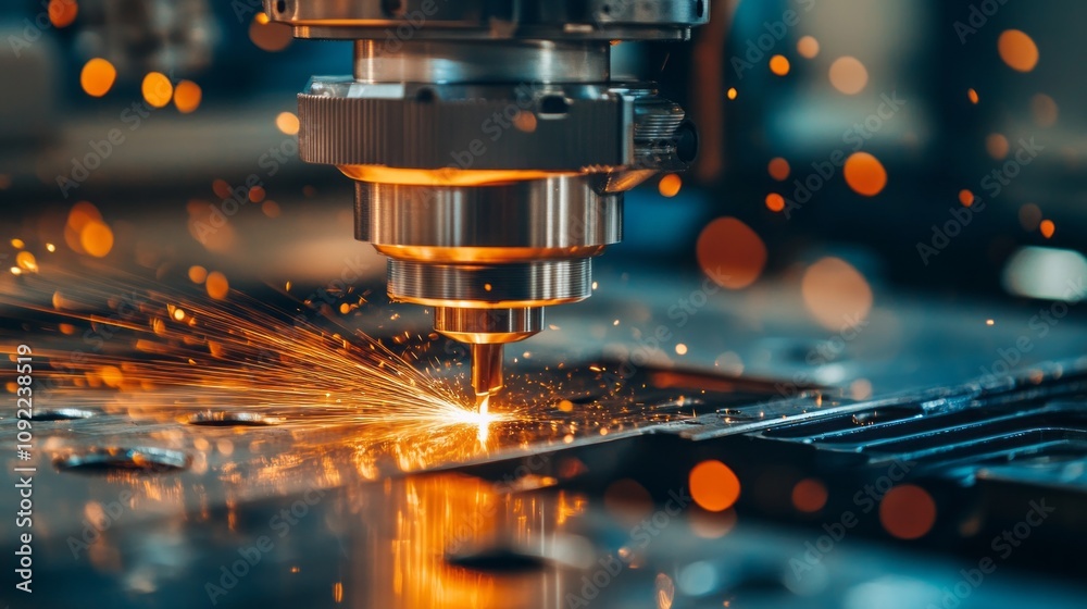 Poster a machine is cutting through metal, creating sparks and fire