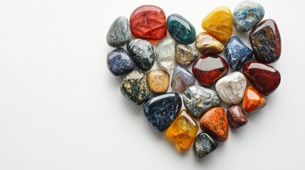 Obraz premium Gemstone heartshaped arrangement for text banner on white surface