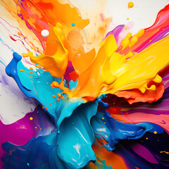 Fototapeta premium A vibrant explosion of colors, featuring splashes of orange, blue, yellow, and purple, creating a dynamic and lively artistic composition.