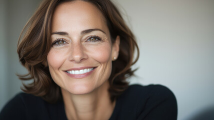 Naklejka premium Confident woman smiling warmly, showcasing positive and inspirational vibe. Her expressive eyes and friendly demeanor create inviting atmosphere