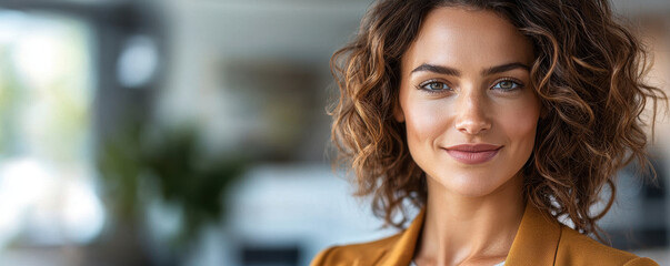 Fototapeta premium Confident woman with curly hair smiling in bright indoor setting, showcasing empowerment and focus