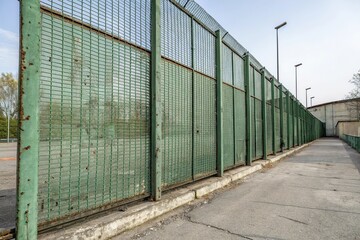 Metal mesh wall with a dirty green tint and rough texture, urban decay, industrial design element, grungy look