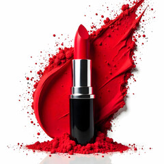 High end product illustration of a luxurious red lipstick with an explosion of vibrant red powder surrounding it