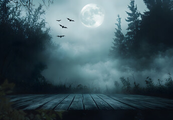 Fototapeta premium Empty rustic wood table with Halloween background.