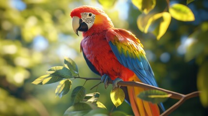 Obraz premium Colorful parrot perched on a branch tropical forest high-fidelity image natural environment close-up view vibrant wildlife display