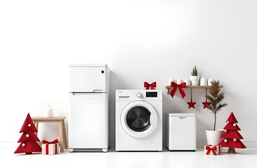 Kitchen appliances with red ribbons and bows for Christmas. Purchase and delivery of household appliances for the New Year and holidays. Concept of discounts and sales with a place for text