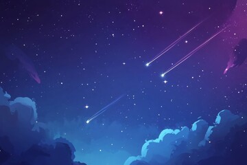 Fototapeta premium A Breathtaking Night Sky Filled with Stars and Shooting Comets Over Soft Clouds in a Serene Landscape, Invoking Wonder and Calmness for All Who Gaze Upon It
