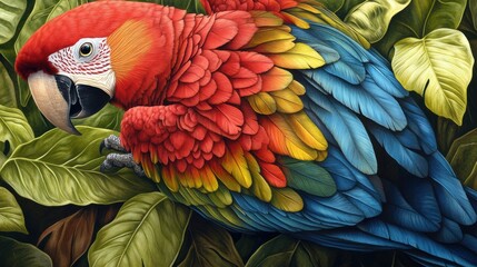 Obraz premium Vibrant closeup of a colorful parrot in lush greenery nature photography tropical environment high-fidelity detail