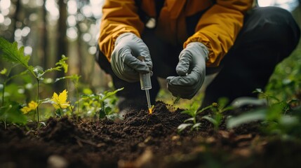 Naklejka premium Scientist Taking Soil Sample in Forest