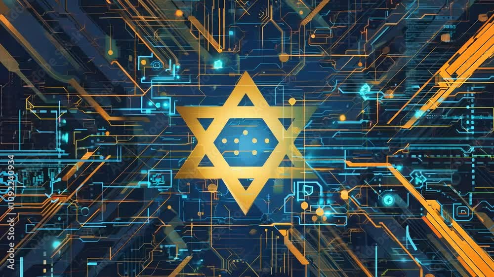 Poster Explore the captivating blend of a traditional symbol set against a backdrop of futuristic circuitry. The vibrant colors illuminate the connection between history and innovation in a unique setting.