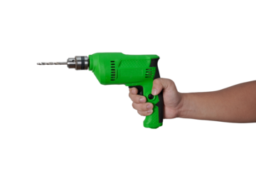 Male person hand holding electric power drill, cut out isolated