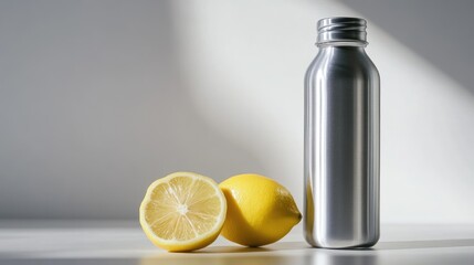 Refreshing Lemon and Stainless Steel Bottle on a Minimalist Surface Capturing the Essence of Freshness and Healthy Living in Natural Light